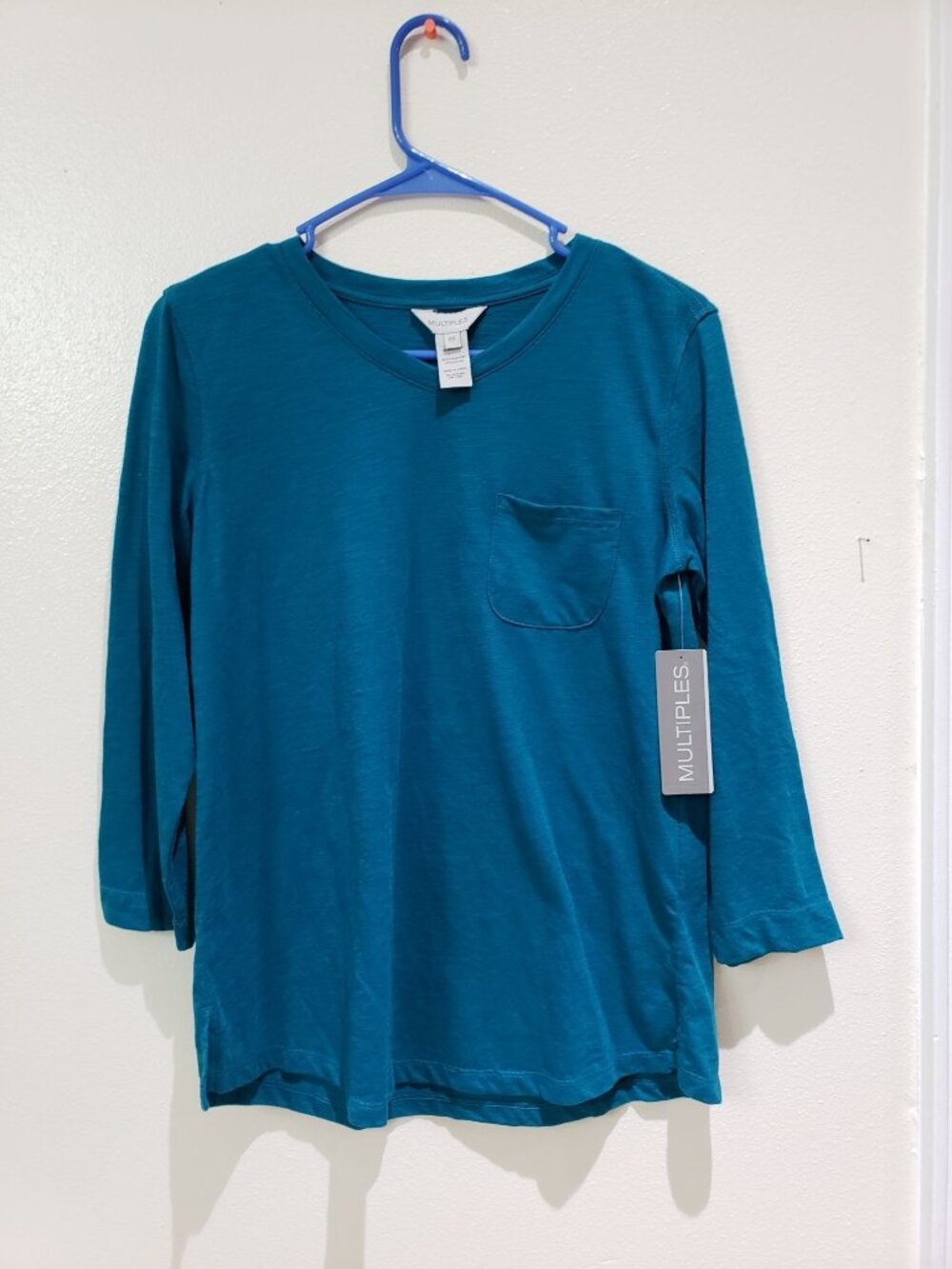 Multiples burnout, jersey knit top, high V neck, blue, size XS